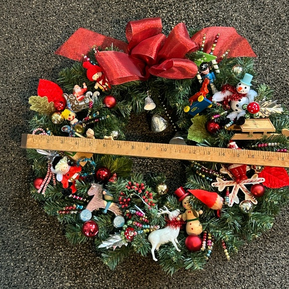 Vintage Repurposed Festive Holiday Wreath with Red Accents - Picture 10 of 10